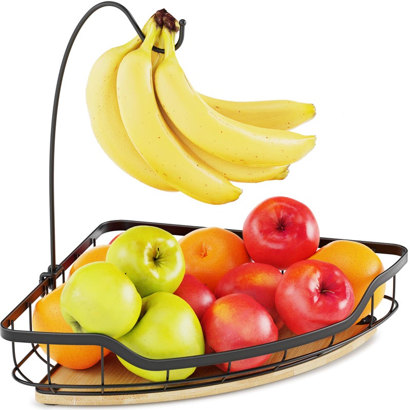 CACHOLIV Fruit Holder for Kitchen Countertop with Banana Hanger, Vegetable Basket with Bamboo Base for Kitchen Corner Storage, Black - Image 1