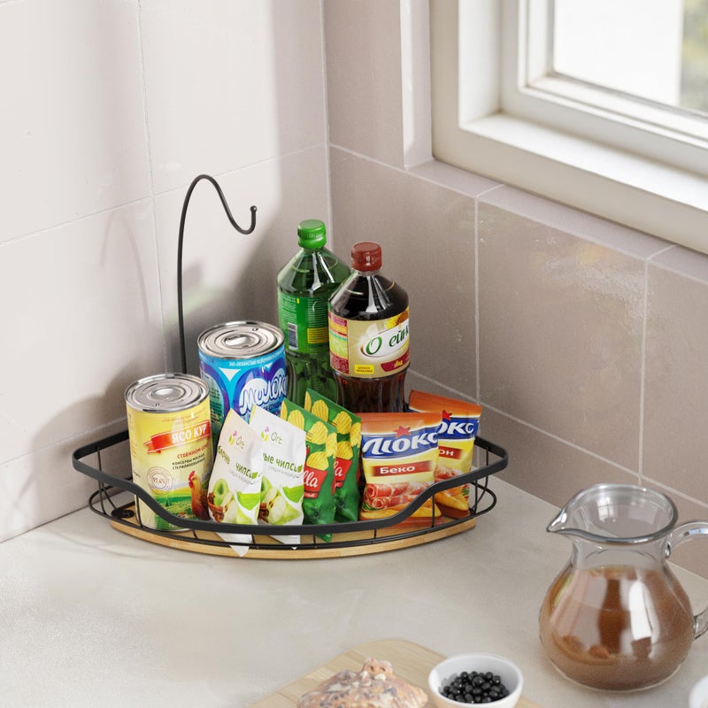 CACHOLIV Fruit Holder for Kitchen Countertop with Banana Hanger, Vegetable Basket with Bamboo Base for Kitchen Corner Storage, Black - Image 4