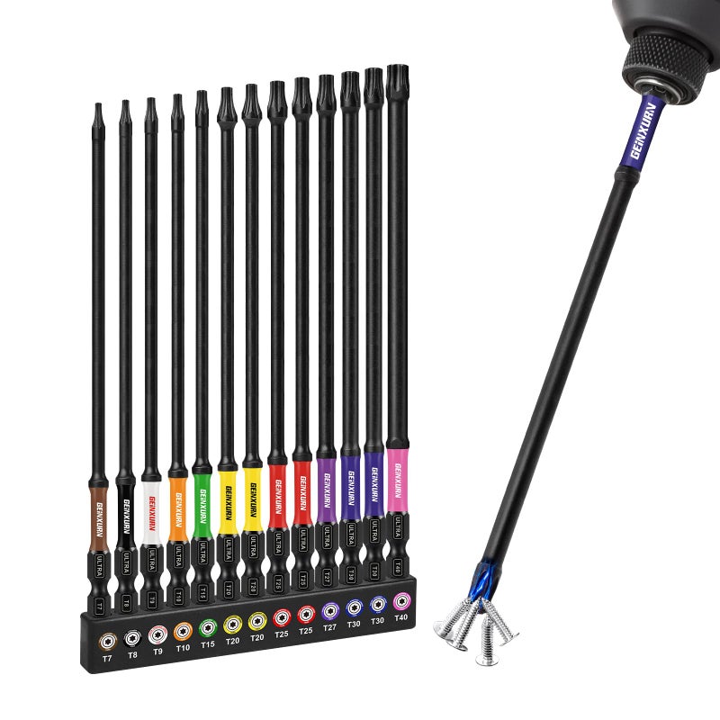Geinxurn 13Pcs Torx Screwdriver Bits Set, 6â€Double Impact Magnetic S2 Steel Long Extension Star Driver Bits Set (T7-T40) with Color Coded Base - Image 1