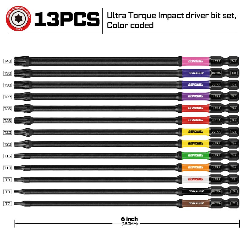 Geinxurn 13Pcs Torx Screwdriver Bits Set, 6â€Double Impact Magnetic S2 Steel Long Extension Star Driver Bits Set (T7-T40) with Color Coded Base - Image 2