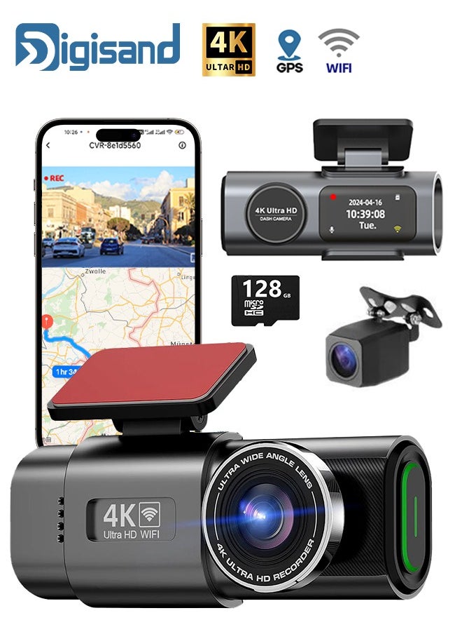 Digisand Dash Cam Dual Lens 4K UHD Recording Car Camera DVR Night Vision Video Recorder Built-In Wi-Fi Support GPS 24H Parking with 128GB Card  - Image 1
