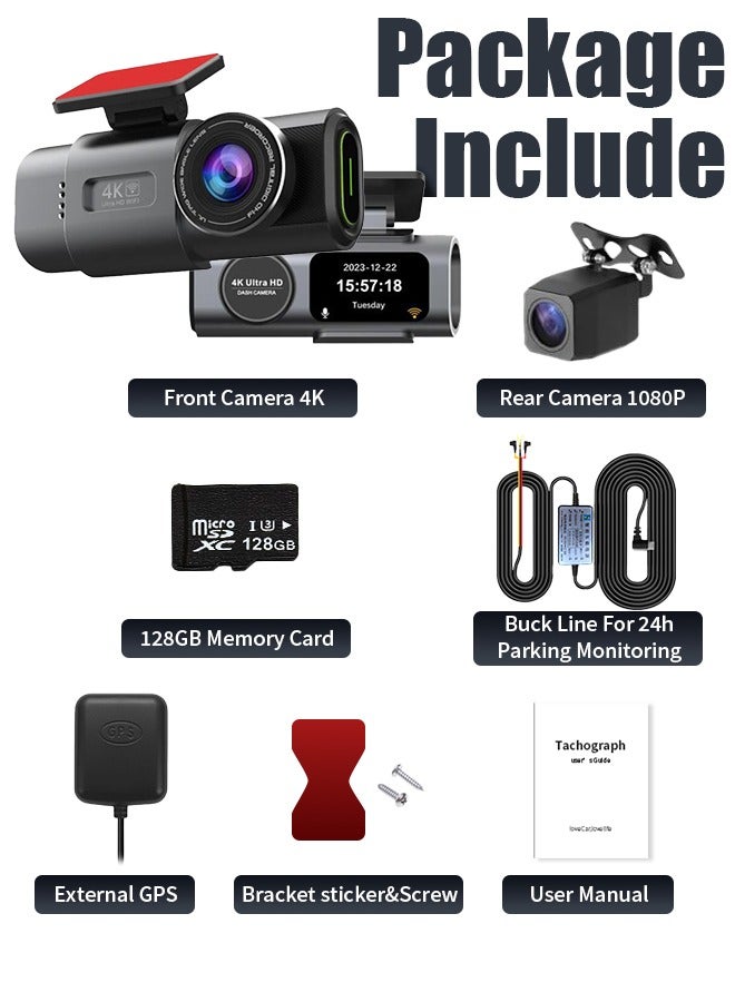 Dash Cam Dual Lens 4K UHD Recording Car Camera DVR Night Vision Video Recorder Built-In Wi-Fi Support GPS 24H Parking with 128GB Card