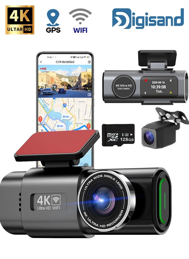 Digisand Dash Cam Dual Lens 4K UHD Recording Car Camera DVR Night Vision Video Recorder Built-In Wi-Fi Support GPS 24H Parking with 128GB Card 