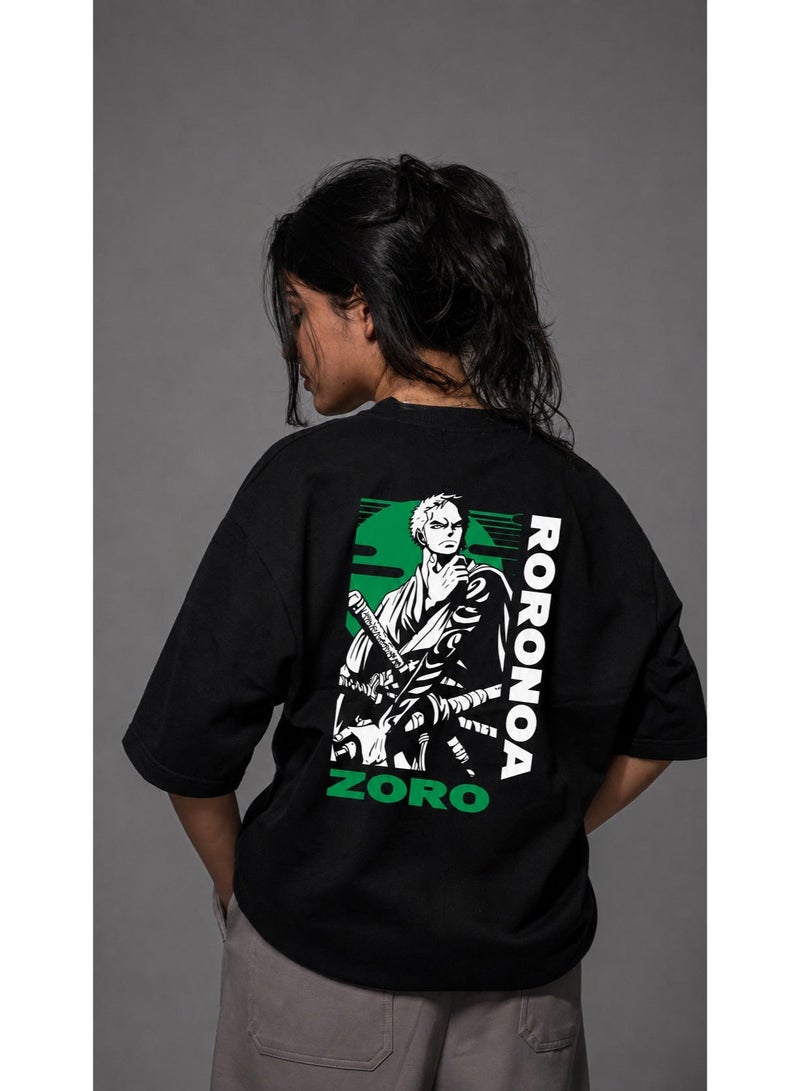 تي شيرت TOGNATION واسع بتصميم Roronoa Zoro الجرافيكي، أسود - Image 3