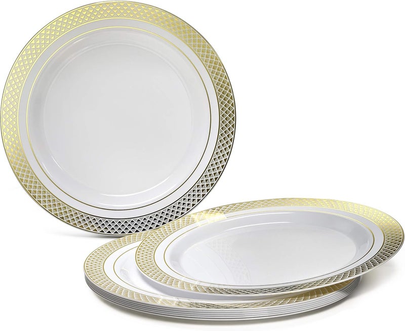 OCCASIONS FINEST PLASTIC TABLEWARE " OCCASIONS " 50 Plates Pack (25 Guests)-Heavyweight Wedding Party Disposable Plastic Plate Set -25 x 10.5'' Dinner + 25 x 7.5'' Salad/Dessert plates (Celebration White & Gold) - Image 2