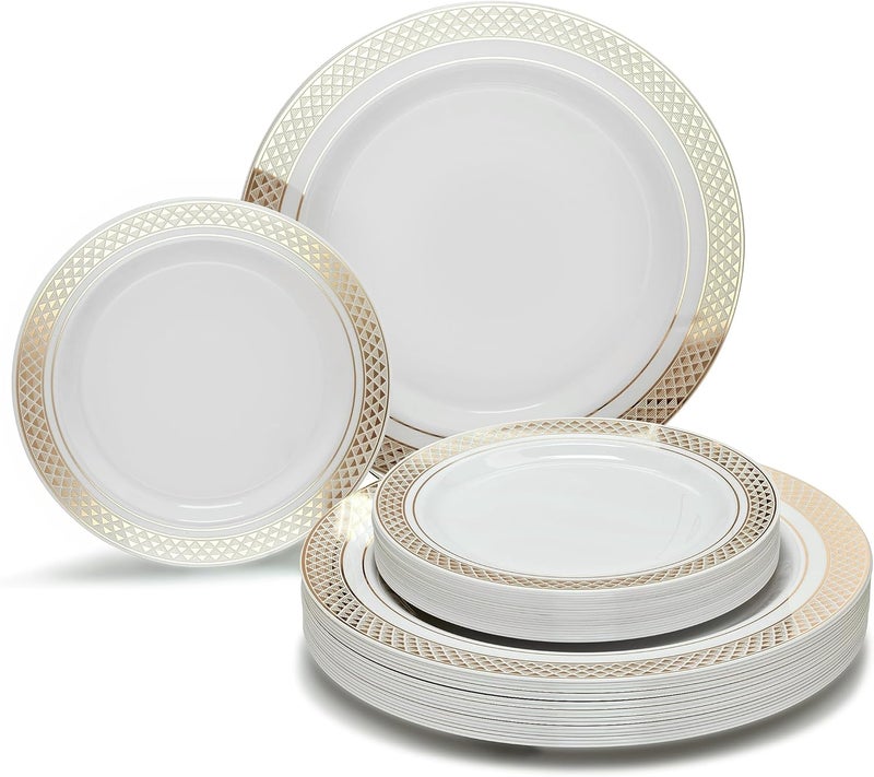 OCCASIONS FINEST PLASTIC TABLEWARE " OCCASIONS " 50 Plates Pack (25 Guests)-Heavyweight Wedding Party Disposable Plastic Plate Set -25 x 10.5'' Dinner + 25 x 7.5'' Salad/Dessert plates (Celebration White & Gold) - Image 1