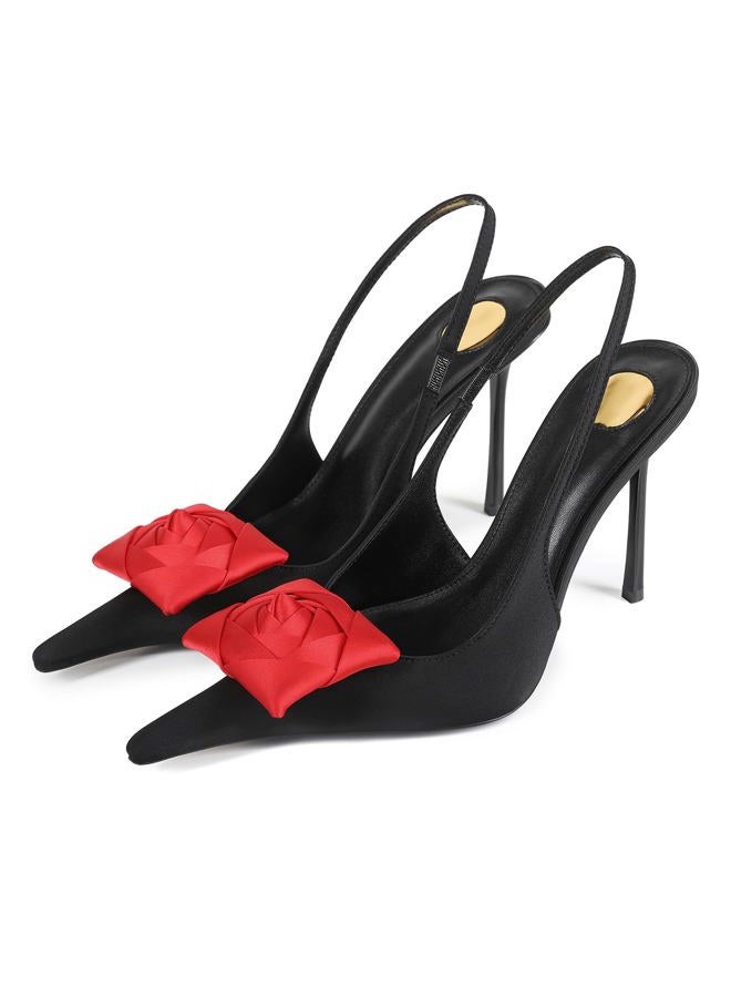 CAGLGLZ Flower High Heels for Women Closed Pointed Toe Stilettos Heel Pumps Slip On Elastic Ankle Strap Slingbacks Fashion Party Dressy Ladies Sandals Shoes, Patent Black, 7.5 - Image 1