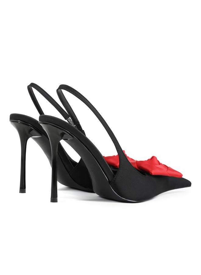 CAGLGLZ Flower High Heels for Women Closed Pointed Toe Stilettos Heel Pumps Slip On Elastic Ankle Strap Slingbacks Fashion Party Dressy Ladies Sandals Shoes, Patent Black, 7.5 - Image 5