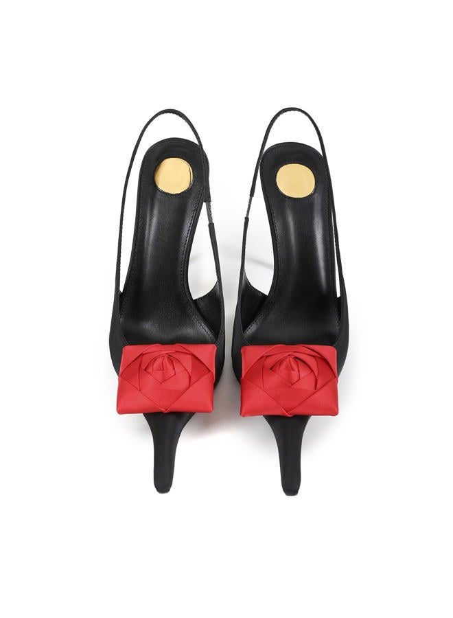 CAGLGLZ Flower High Heels for Women Closed Pointed Toe Stilettos Heel Pumps Slip On Elastic Ankle Strap Slingbacks Fashion Party Dressy Ladies Sandals Shoes, Patent Black, 7.5 - Image 3