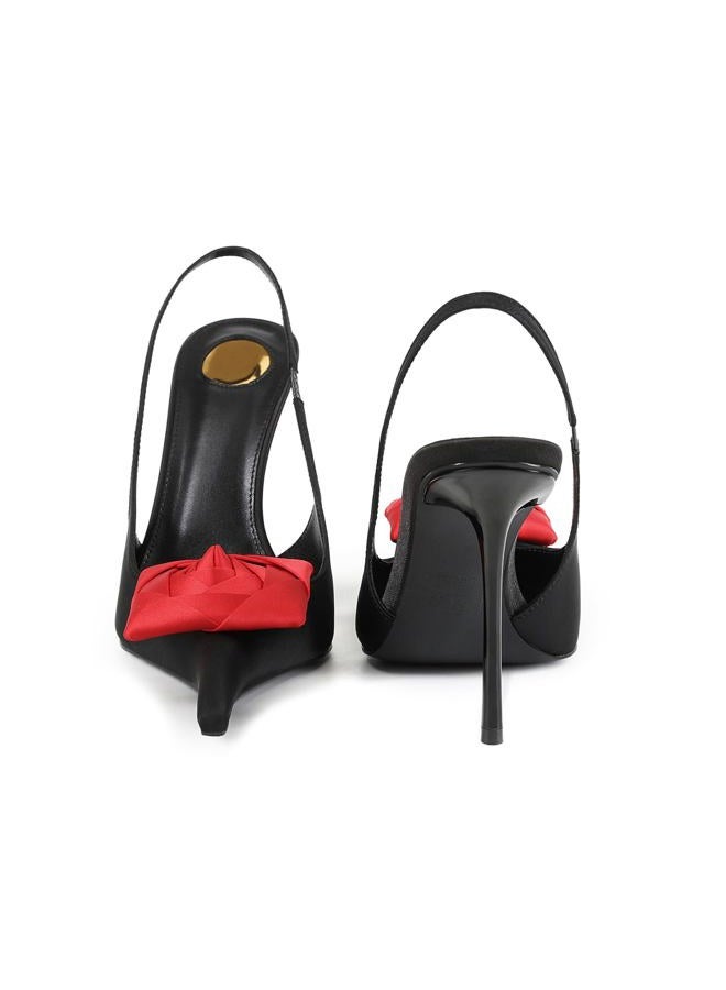 CAGLGLZ Flower High Heels for Women Closed Pointed Toe Stilettos Heel Pumps Slip On Elastic Ankle Strap Slingbacks Fashion Party Dressy Ladies Sandals Shoes, Patent Black, 7.5 - Image 4