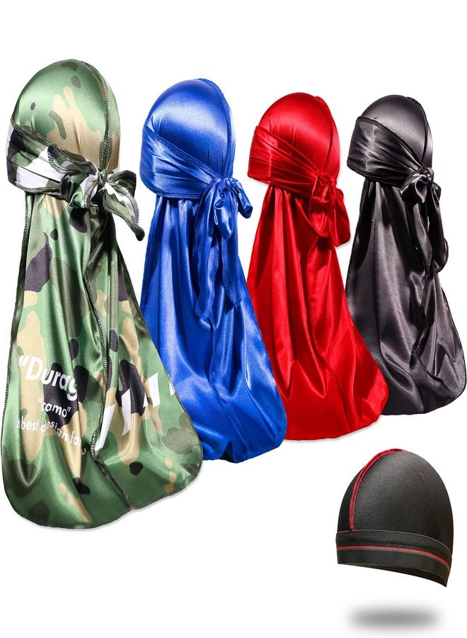 ForceWave 4PCS Silky Durags for Men 360 Waves, Designer Do Rag, 1 Wave Cap (Camou Blue BlackRed) - Image 1