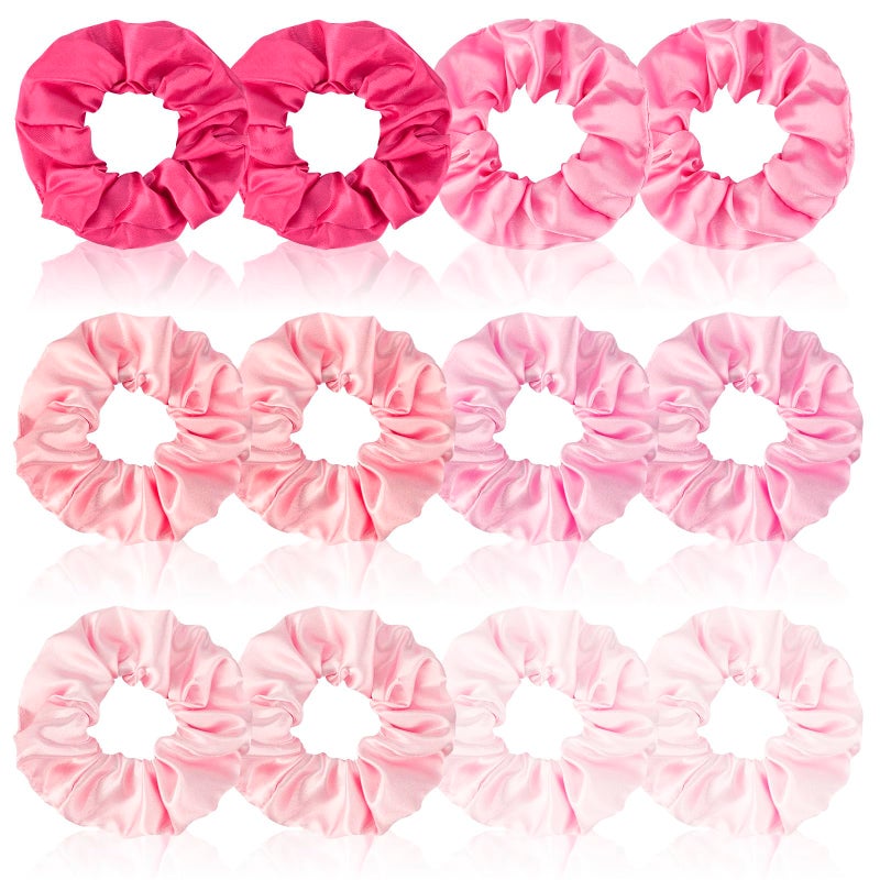 Cubaco Satin Scrunchies Set of 12 - Elastic Silk Bubble for Girls, Pink Hair Accessories and Valentine's Day Gifts - Image 1