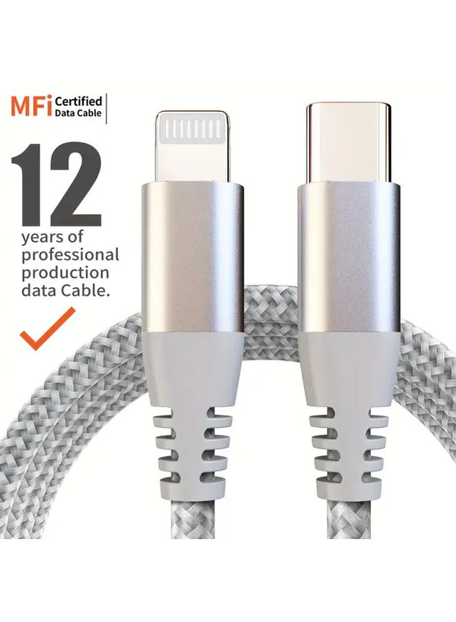 كابل USB C إلى Lightning سريع الشحن بقدرة 20 واط بطول 2 متر (6.6 قدم) باللون الفضي الرمادي، مناسب لـ iPhone 14 و13 و12 Pro Max، كابل PD متين مع نقل بيانات عالي السرعة وتصميم أنيق. - Image 5