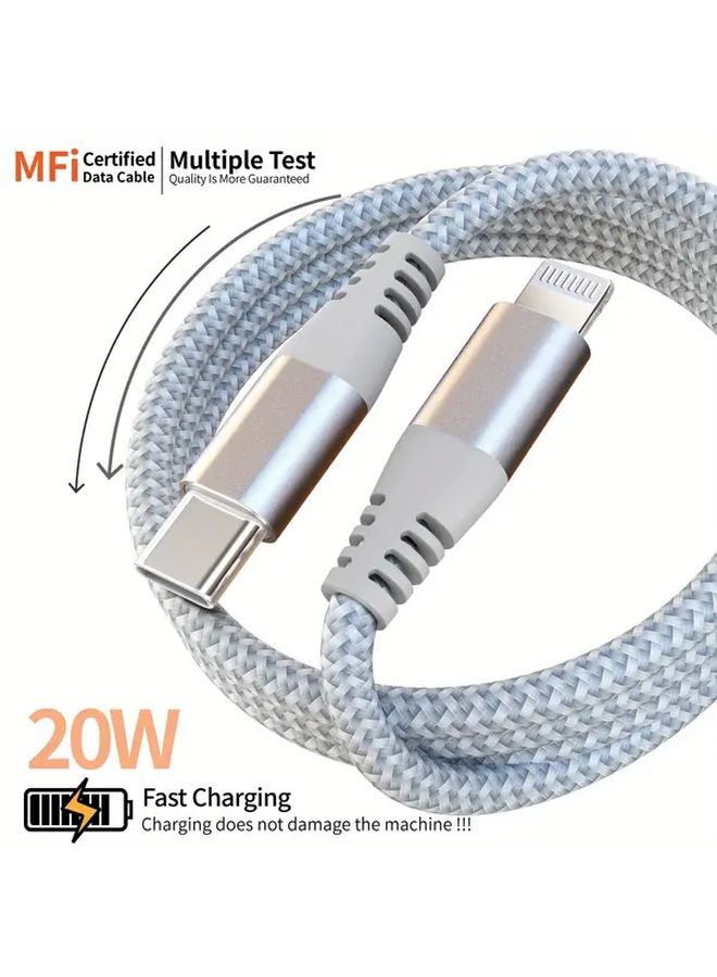 كابل USB C إلى Lightning سريع الشحن بقدرة 20 واط بطول 2 متر (6.6 قدم) باللون الفضي الرمادي، مناسب لـ iPhone 14 و13 و12 Pro Max، كابل PD متين مع نقل بيانات عالي السرعة وتصميم أنيق. - Image 3