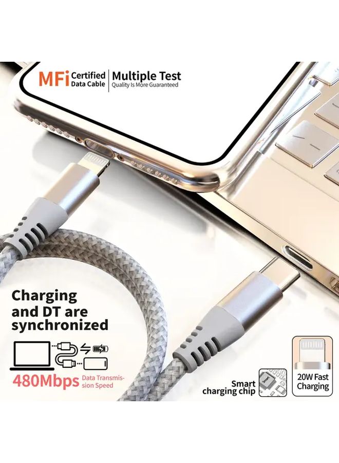 كابل USB C إلى Lightning سريع الشحن بقدرة 20 واط بطول 2 متر (6.6 قدم) باللون الفضي الرمادي، مناسب لـ iPhone 14 و13 و12 Pro Max، كابل PD متين مع نقل بيانات عالي السرعة وتصميم أنيق. - Image 4
