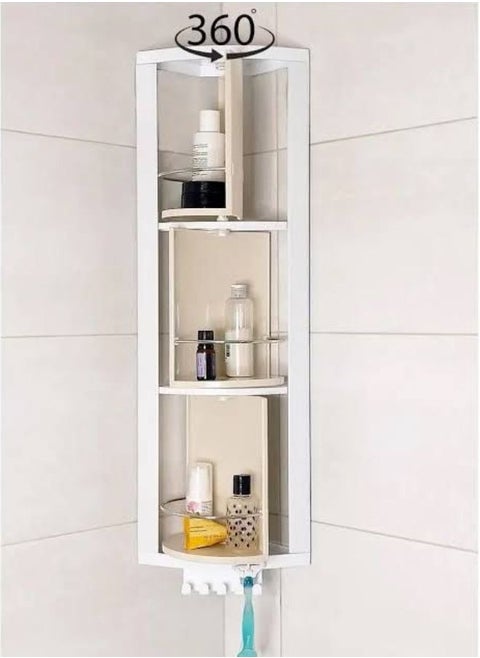 Plastic Bathroom Storage Organizer 360 Degrees Rotating Corner Caddy Storage Unit Multi Purpose Wall Mounted Cabinet For Bathroom Accessories 3 Tiers -Beige