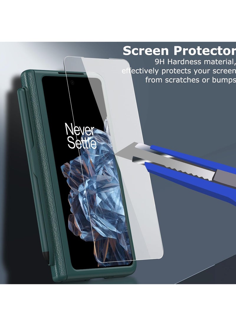 Case for OnePlus Open 2023 with Stylus and Pen Holder, PU Leather One Plus Cover with Hinge Protection, Built-in Screen Protector, Kickstand, Green