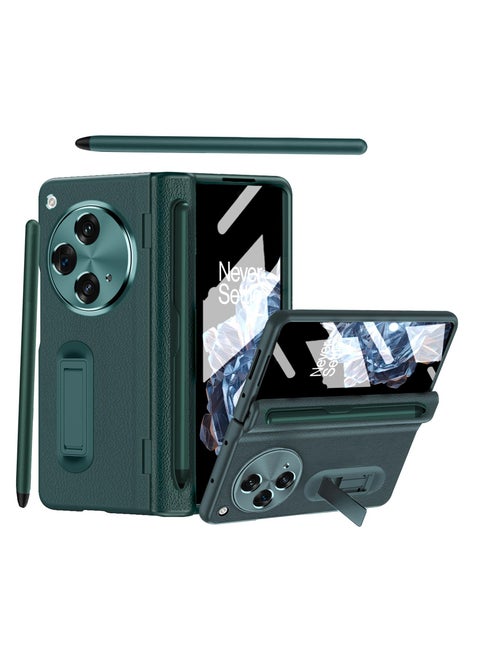 Case for OnePlus Open 2023 with Stylus and Pen Holder, PU Leather One Plus Cover with Hinge Protection, Built-in Screen Protector, Kickstand, Green