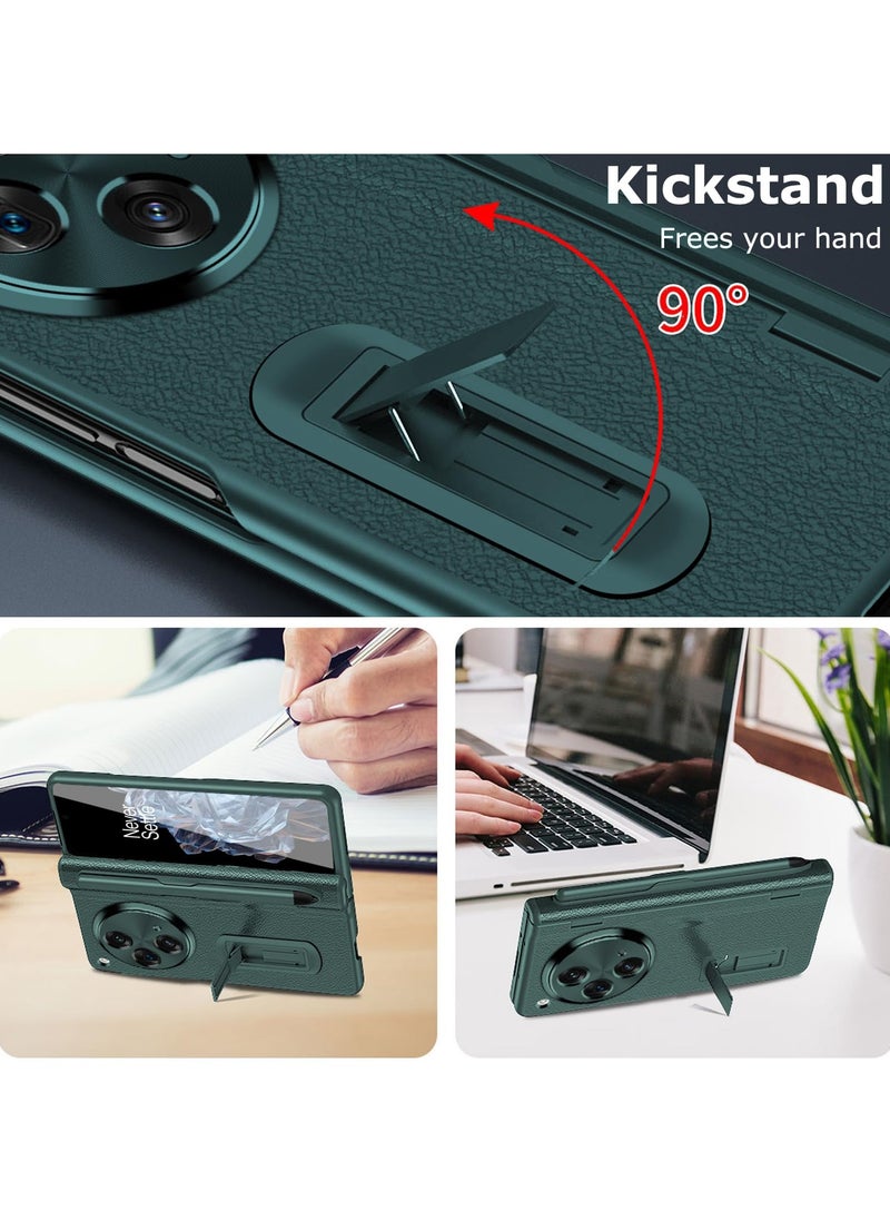 Case for OnePlus Open 2023 with Stylus and Pen Holder, PU Leather One Plus Cover with Hinge Protection, Built-in Screen Protector, Kickstand, Green