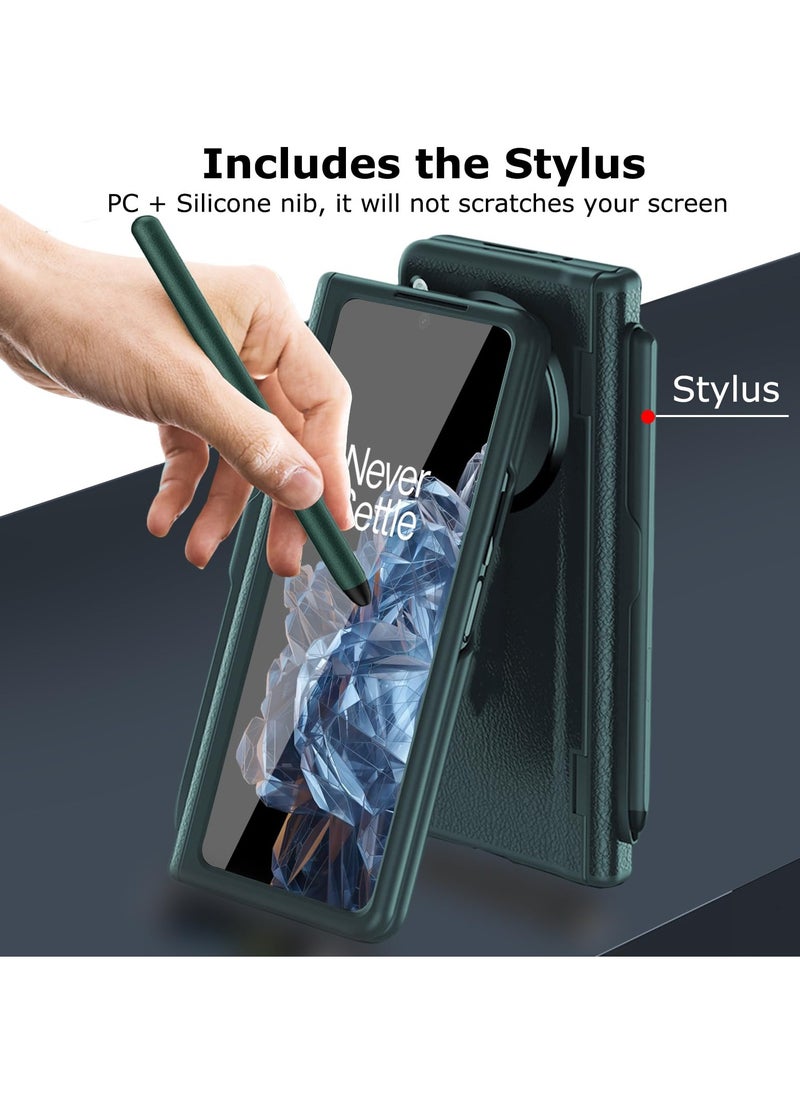 Case for OnePlus Open 2023 with Stylus and Pen Holder, PU Leather One Plus Cover with Hinge Protection, Built-in Screen Protector, Kickstand, Green