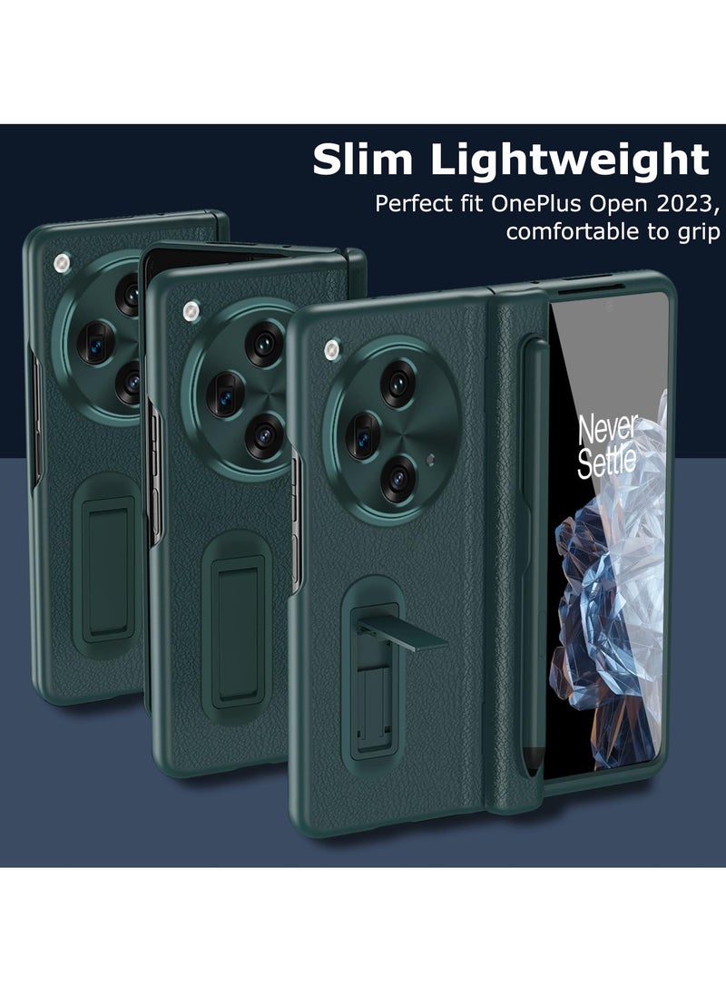 Case for OnePlus Open 2023 with Stylus and Pen Holder, PU Leather One Plus Cover with Hinge Protection, Built-in Screen Protector, Kickstand, Green