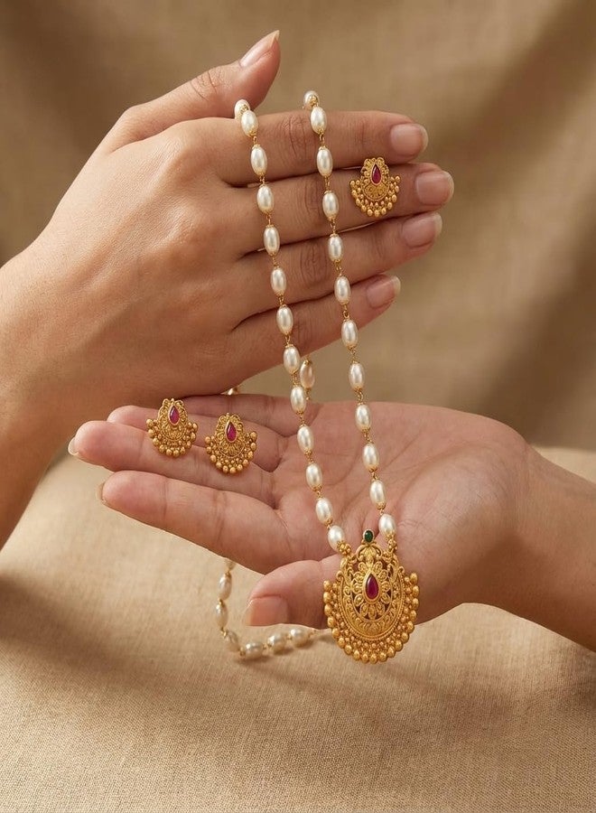 طقم عقد أنيق من AAIKU مطلي بالذهب للنساء، مزين بخرز اللؤلؤ، وقلادة من الحجر الأحمر، وأقراط متناسقة. - Image 4