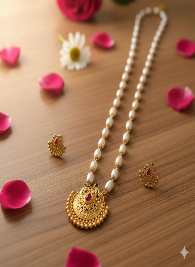 طقم عقد أنيق من AAIKU مطلي بالذهب للنساء، مزين بخرز اللؤلؤ، وقلادة من الحجر الأحمر، وأقراط متناسقة. - Image 5