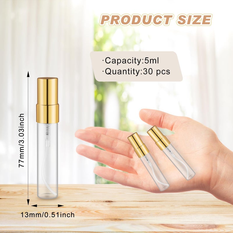 glasstore 30 عبوة زجاجية صغيرة فارغة لرذاذ العطر قابلة لإعادة التعبئة برذاذ ناعم محمول للسفر عينات زجاجات حاويات للعطر والزيوت الأساسية ومستحضرات التجميل والسوائل (زجاجة شفافة، 5 مل) - Image 2