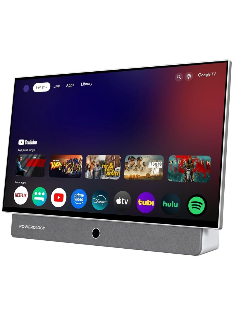 Powerology 27 Inch Portable Smart TV with 1080p FHD Resolution, 7 Hours Watch Time, Android Smart Screen, Dual Speakers, Active Matrix LCD Display, Netflix, Google TV, YouTube, Shahid, for Home, Office, Outdoor, Bedroom - White - Image 1