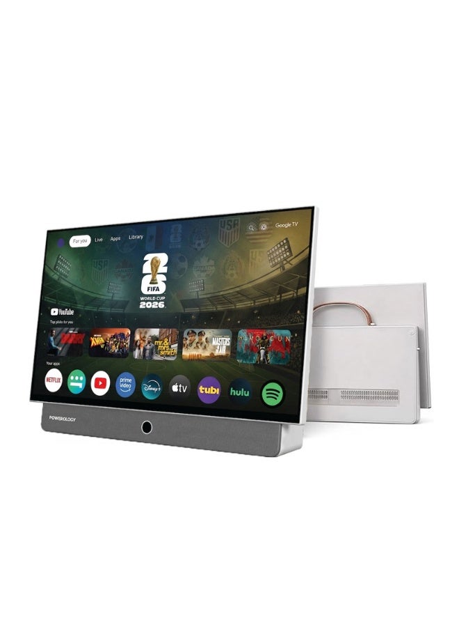 باورولوجي تلفزيون ذكي محمول بحجم 27 بوصة مع دقة 1080p FHD، 7 ساعات وقت مشاهدة، شاشة ذكية بنظام أندرويد، مكبرات صوت مزدوجة، شاشة LCD ذات مصفوفة نشطة، نيتفليكس، جوجل تي في، يوتيوب، شاهد، للاستخدام في المنزل، المكتب، الأماكن الخارجية، وغرفة النوم - أبيض - Image 1