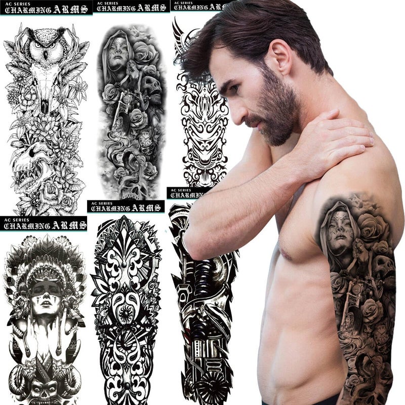 Aniuvot Extra Large Sleeve Tattoo Temporary Full Arm Fake Body Stickers for Adult Men Women 6 Sheets, Aniuvot Teens Waterproof Realistic Skull Owl Virgin Mary Tribe Totem Halloween Makeup Accessories