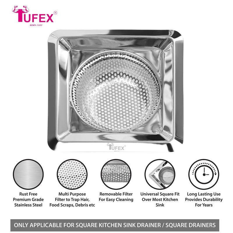 TUFEX Sink Strainer Kitchen and Bathroom Drain Cover, with Fine Mesh Design, Square Shape, SS Basket Filter Stopper Drainer Stainless Steel, Debris Vegetable Hair Filter, Pack of 2 - Image 2