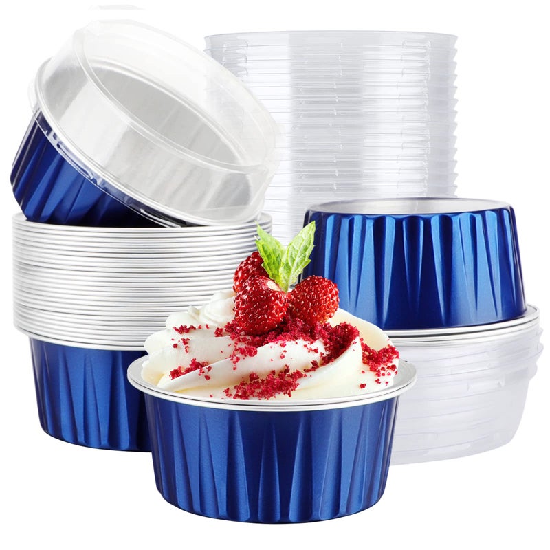 EUSOAR Mini Aluminum Pans with Lids 30pcs 5oz Disposable Aluminum Foil Cupcake Liners Ramekins Baking Cups Dessert Cups with Lids Aluminum Cheesecake Pan Creme Brulee RamekinsRoyal Blue
