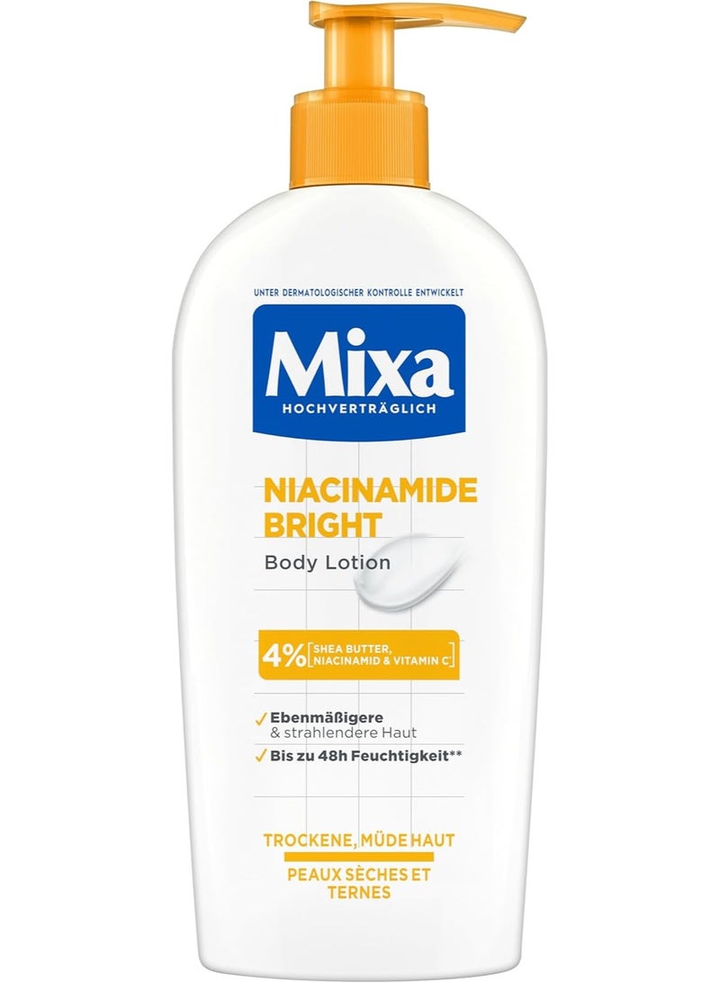 Mixa Moisturising Body Lotion, Suitable for Face, Body & Hands, Suitable for Dry & Tired Skin, Niacinamide Bright, Hypoallergenic, 250 ml