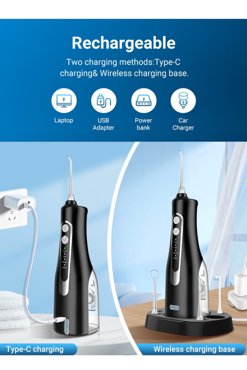 Reva Cordless Rechargeable Water Flosser – 4 Modes, 4 Jet Tips, 300ml Tank, 360° Rotating Nozzle, IPX7 Waterproof Oral Irrigator with Type‑C & Wireless Charging – Black  - Image 5