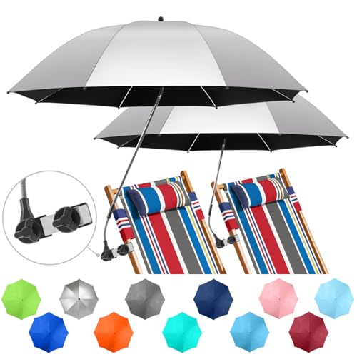 NBtoUS 2 PACK Chair Umbrella with Clamp 360 Adjustable UPF50 Sunshade for Beach Chair Patio Chair Camping Chair Golf Carts Metallic Silver Chair Not Included - Image 1