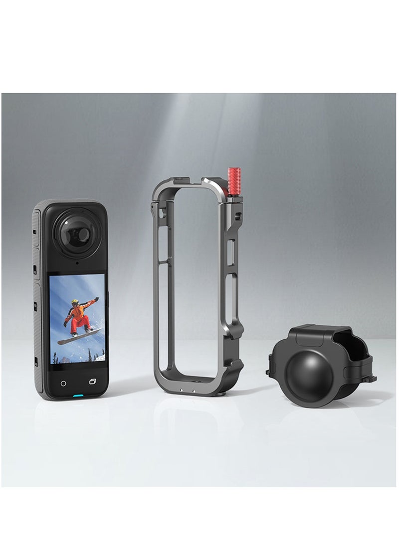 Generic Aluminum Camera Cage for Insta360 X4 Protective Case with Silicone Lens Cover Rig Housing Frame with 1/4" Threads Cold Shoe Mount for GoPro and Other Action Camera Accessories  - Image 3
