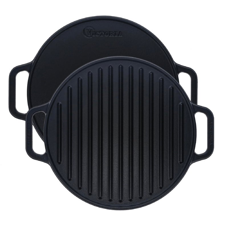 Victoria Round Cast Iron Grill Double Burner Griddle with Removable Coil Handles Seasoned with 100 KoBibir Certified NonGMO Flaxseed Oil 125 Inch Black - Image 2