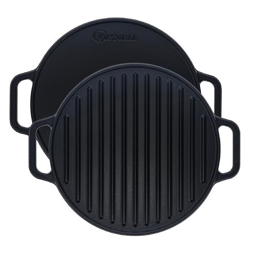 Victoria Round Cast Iron Grill Double Burner Griddle with Removable Coil Handles Seasoned with 100 KoBibir Certified NonGMO Flaxseed Oil 125 Inch Black - Image 1