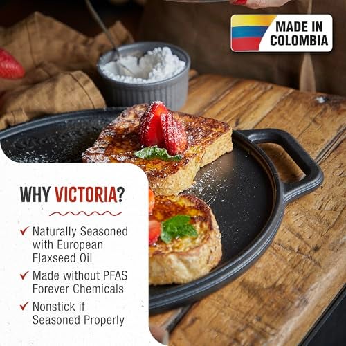 Victoria Round Cast Iron Grill Double Burner Griddle with Removable Coil Handles Seasoned with 100 KoBibir Certified NonGMO Flaxseed Oil 125 Inch Black - Image 3
