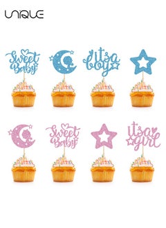 Unique 24 Piece Cake Decoration Cap - Sparkling Star for Baby Shower and Kids Birthday Party Decorations - Boy or Girl Cake Decor and Accessories | Cake Toppers - Blue/Pink  - Image 1