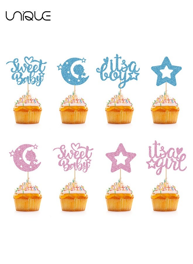 Unique 24 Piece Cake Decoration Cap - Sparkling Star for Baby Shower and Kids Birthday Party Decorations - Boy or Girl Cake Decor and Accessories | Cake Toppers - Blue/Pink - Image 1