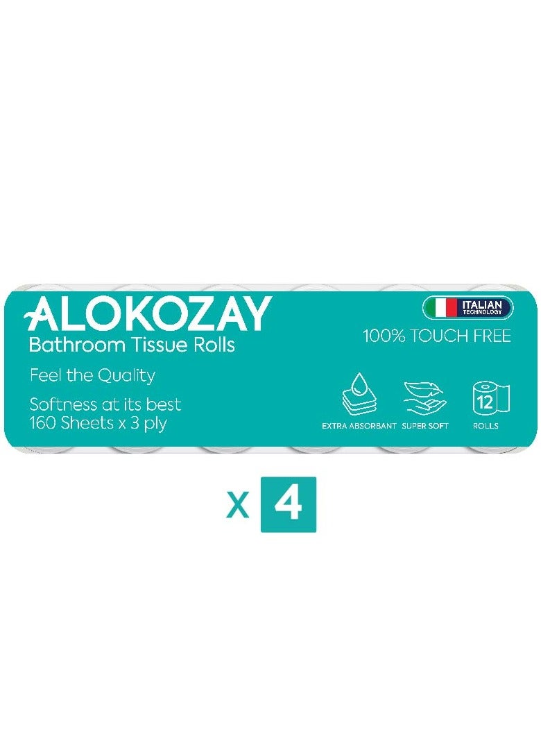 Alokozay Bathroom Tissues - 160 Sheets x 3 Ply - 12 Rolls x Pack of 4 4 x 12 Rolls