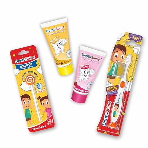 DentoShine Oral Care Combo Ages 2+ (Sticky Toothbrush for Kids + Lollipop Tongue Cleaner + Flavored Toothpaste 80 g x 2) (Mango & Strawberry) - Image 1