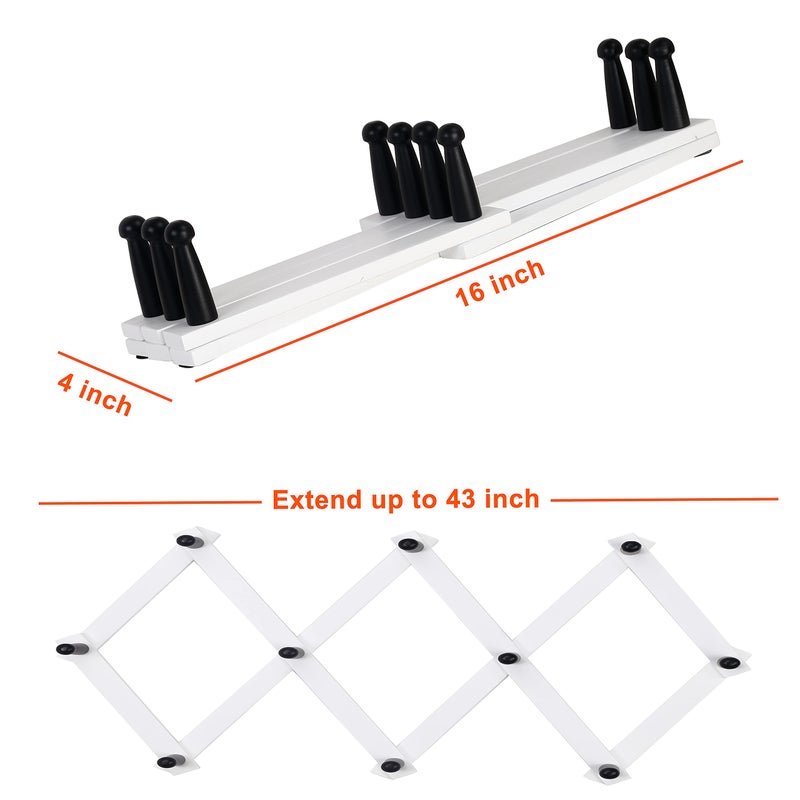 Dseap Accordian Wall Hanger: 16â€ High Wooden Wall Expandable Coat Rack, Hat Rack Holder, Accordion Hook for Baseball Caps, Coats, Mugs, 10 Peg Hooks, White & Black - Image 5