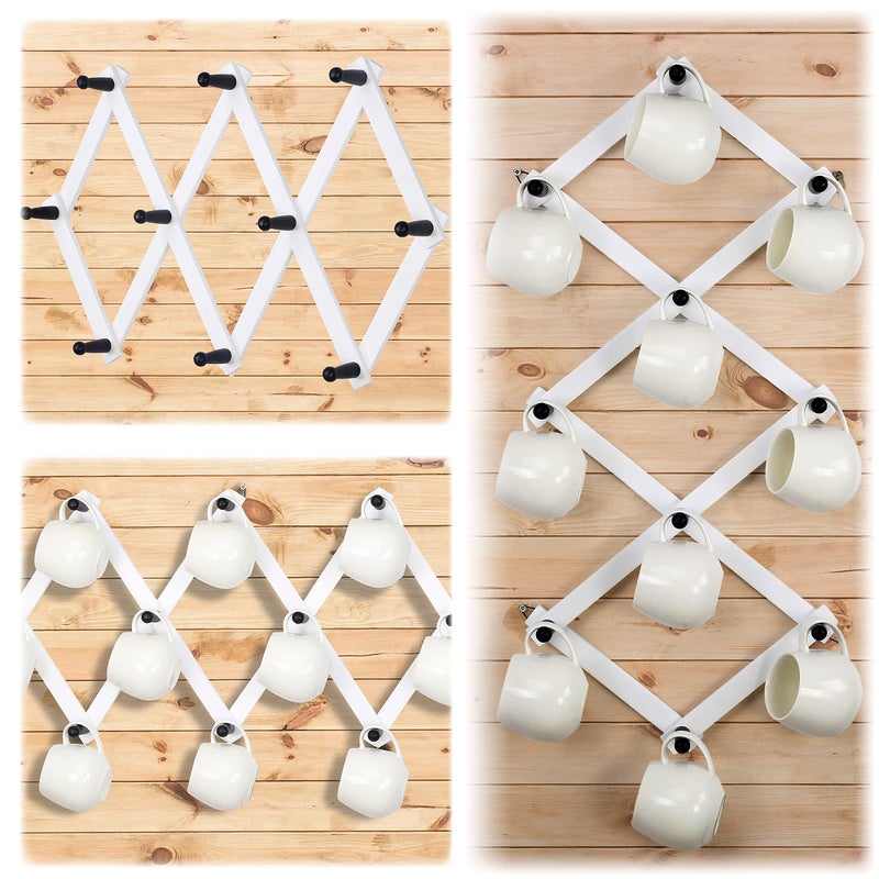 Dseap Accordian Wall Hanger: 16â€ High Wooden Wall Expandable Coat Rack, Hat Rack Holder, Accordion Hook for Baseball Caps, Coats, Mugs, 10 Peg Hooks, White & Black - Image 3