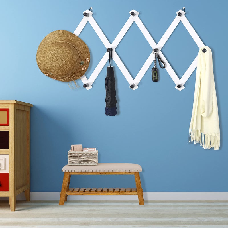 Dseap Accordian Wall Hanger: 16â€ High Wooden Wall Expandable Coat Rack, Hat Rack Holder, Accordion Hook for Baseball Caps, Coats, Mugs, 10 Peg Hooks, White & Black - Image 2