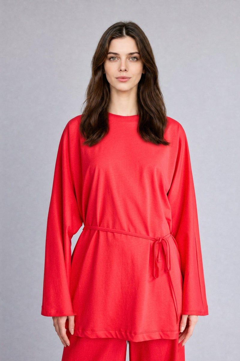 DeFacto Red Woman Round Neck Belted Red Tunic Casual - Image 3