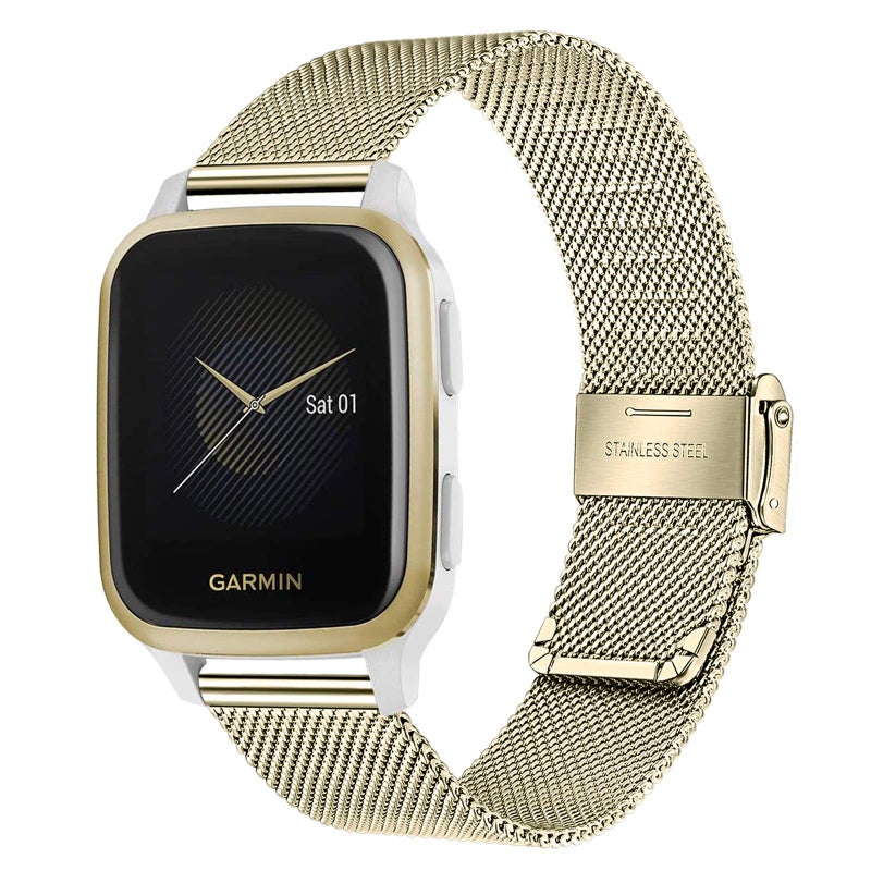 TRUMiRR Watch Band for Venu Sq/Venu Sq 2 / Venu 2 Plus 43mm, Mesh Woven Stainless Steel Watchband Light Gold Strap Replacement for Garmin Vivoactive 5 / Vivoactive 3 Smartwatch - Image 1