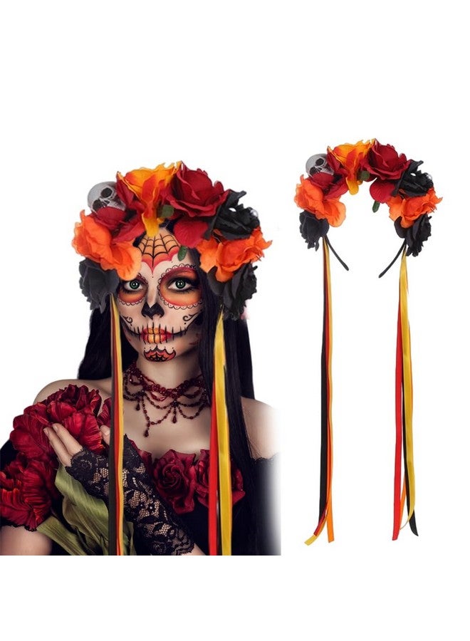 HANSAMU Floral Day of the Dead Headband Mexican Skull Rose Flower Crown Headpiece for Women Girls Halloween Costume (Orange Black Red) - Image 1